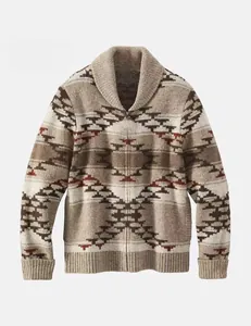 Detailed view of men's retro shawl collar knitted cardigan with tribal pattern print