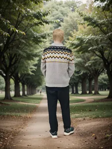 Vista posteriore di un maglione da uomo in maglia color-block in un parco naturale.