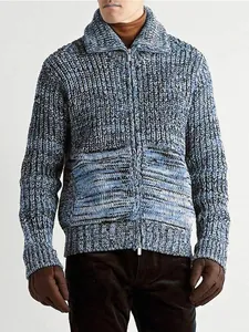 Detailed view of the chunky blue marled knit texture on this men's zip-up sweater jacket.