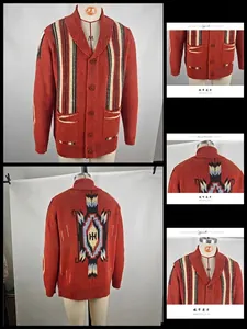 Macro view of vintage shawl collar cardigan with southwestern jacquard stripes and patterns