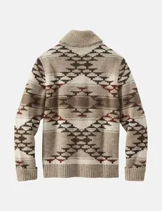 Detailed back view of a men's retro geometric knit cardigan featuring earth-tone patterns.