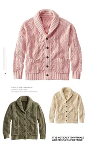 Detailansicht der Herren-Zopfstrick-Cardigans mit Schalkragen in Pink, Grün und Creme