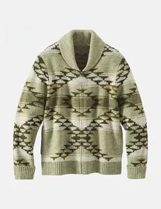 Detail view of men's vintage shawl collar knit cardigan with geometric pattern