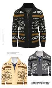 Detailed view of men's slim fit knit zip-up cardigan featuring classic geometric patterns