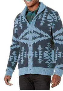 Men's vintage knit cardigan with blue geometric Aztec pattern and shawl collar