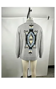 Detailed back view of men's vintage shawl collar jacquard knit cardigan with geometric pattern