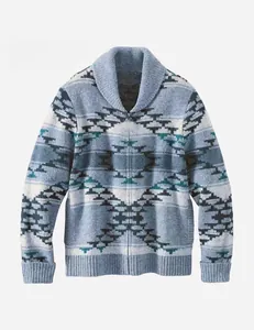Detailed view of men's geometric knit cardigan featuring shawl collar and blue patterns