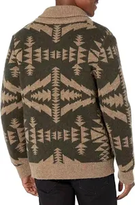 Back view of men's vintage geometric pattern shawl collar knitted cardigan sweater
