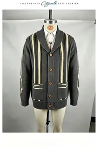 Vintage men's shawl collar striped cardigan knit sweater jacket with jacquard patterns