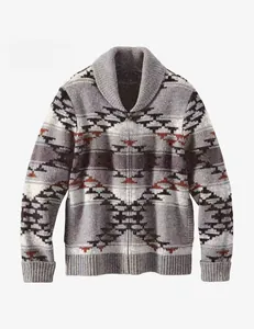 Vintage men's shawl collar knit cardigan with stylish geometric pattern and front zipper