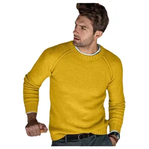 Men's mustard yellow raglan sleeve knitted crew neck sweater for autumn winter fashion