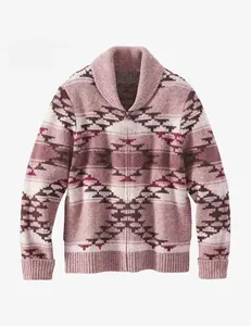 Detailed view of men's vintage shawl collar knit cardigan with geometric patterns