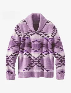 Vintage men's shawl collar purple geometric knit cardigan with full-length zipper closure.