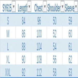Comprehensive size chart for long cable knit cardigan including bust and length data.