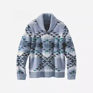Men Vintage Geometric Jacquard Knitted Cardigan Sweater Shawl Collar Full Zip Top Long Sleeve Casual Thick Outerwear