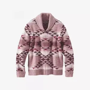 Mens vintage shawl collar knit cardigan featuring a pink geometric pattern and zip front closure