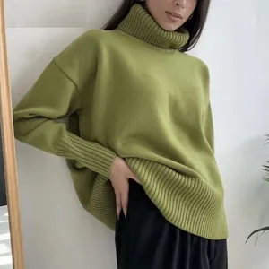 Women High Turtleneck Solid Color Knit Sweater Loose Oversized Pullover Long Sleeve Soft Alpaca Blend Top