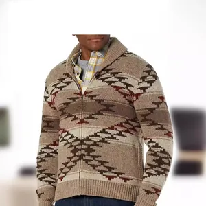 Men's retro geometric knit cardigan with shawl collar and zip-up front closure.