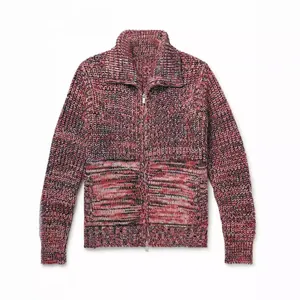 Fashionable men's marled pink and red knit zip-up cardigan with a high ribbed collar