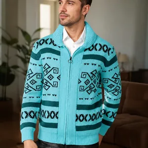 Stylish men's slim fit knitted cardigan sweater with geometric patterns in teal blue