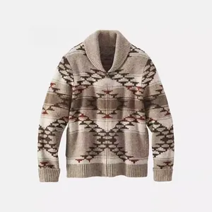 Men's retro Southwestern pattern knit cardigan sweater with shawl collar and full zip