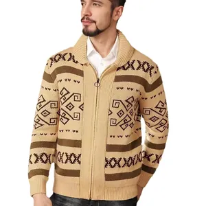 Stylish men's slim fit knitted cardigan jacket with brown ethnic geometric patterns