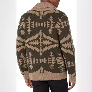 Retro men's shawl collar knit cardigan sweater featuring a geometric tribal pattern in olive