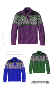 Vista dettagliata dei maglioni in maglia da uomo con zip in viola, blu e verde.