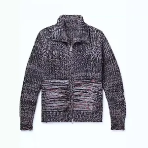 Men's chunky knit zip-up sweater jacket with stylish variegated pattern and lapel.