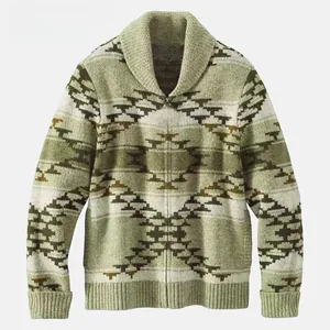 Men's vintage geometric knit cardigan sweater featuring a shawl collar and zip closure