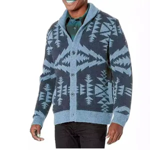 Stylish vintage men's knit cardigan with geometric pattern and comfortable shawl collar