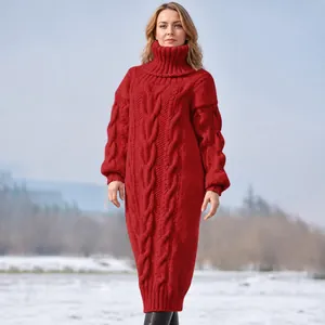 Women High Neck Cable Knit Sweater Dress Long Sleeve Oversized Pullover Knitwear Solid Color Casual Autumn Winter Dress