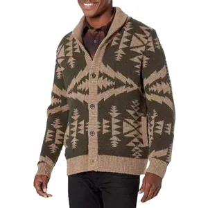 Vintage men's shawl collar cardigan featuring a stylish geometric knit pattern for casual wear