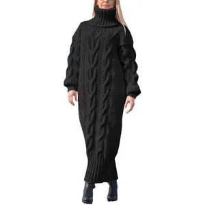 Full-body view showing the elegant cable-knit texture of a black turtleneck sweater dress