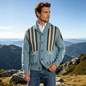 Men's vintage shawl collar striped knit cardigan in blue with jacquard patterns.