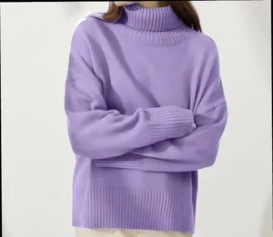 Close-up of a soft purple turtleneck pullover sweater for a comfortable casual look