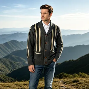 Vintage American style shawl collar striped knit cardigan for men in grey