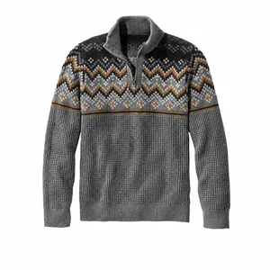 Maglione da Uomo Casual con Collo Alto e Mezza Zip Moda Geometrica Color Block Fair Isle Top in Maglia a Maniche Lunghe