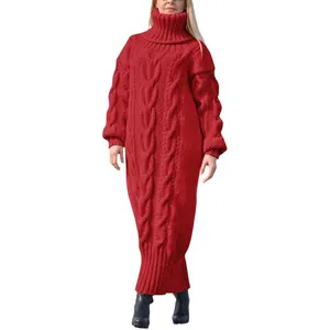 Detailed texture view of a red cable knit turtleneck maxi sweater dress for winter