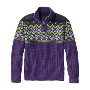 Maglione in maglia viola da uomo con zip parziale e motivo geometrico Fair Isle verde e bianco