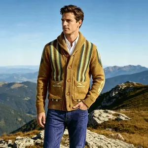 Men's American vintage shawl collar striped cardigan in mustard yellow with jacquard pattern