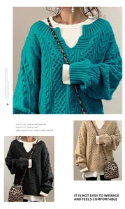 Maglione da donna oversize a trecce con scollo a V intagliato dal design unico