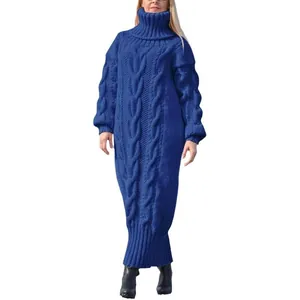 Detail view of royal blue long turtleneck cable knit sweater dress for winter season