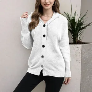 Cardigan à capuche blanc confortable à boutonnage simple et col en V pour femme