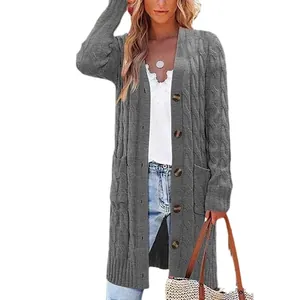 Elegant grey long cable knit cardigan sweater with buttons and functional pockets for women