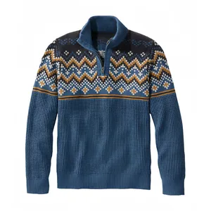 Maglione casual da uomo in maglia con collo alto, mezza zip e motivo geometrico a contrasto