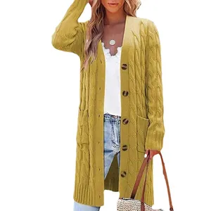 Women's long mustard yellow cable-knit cardigan with buttons and pockets for autumn