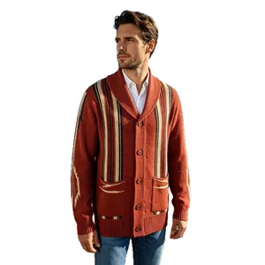 Vintage American style shawl collar striped cardigan sweater for men in rust orange color.