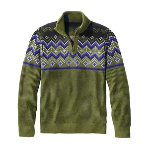 Maglione in maglia verde oliva da uomo con collo alto, zip e motivo jacquard nordico