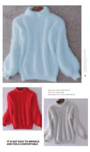 Maglione in pelo di visone a mezzo dolcevita con maniche a lanterna in blu, rosso e grigio